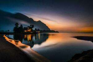 ein Haus auf das Strand beim Sonnenuntergang. KI-generiert foto