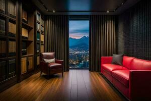 ein Leben Zimmer mit ein rot Couch und Bücherregale. KI-generiert foto