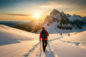 ein Person Wandern im das Schnee mit das Sonne Rahmen hinter ihnen. KI-generiert foto