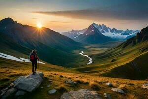 ein Person Stehen auf ein Berg beim Sonnenuntergang. KI-generiert foto