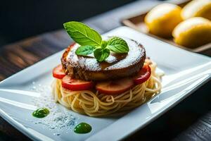 ein Teller mit Spaghetti und Fleisch auf Es. KI-generiert foto