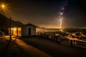 ein Blitz Bolzen ist gesehen Über ein klein Haus beim Nacht. KI-generiert foto