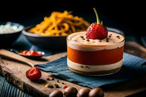 ein Dessert mit Erdbeeren und Sahne auf ein hölzern Tafel. KI-generiert foto