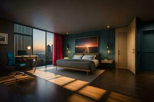 ein modern Schlafzimmer mit ein Aussicht von das Stadt. KI-generiert foto