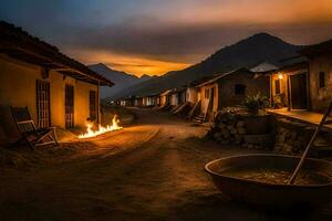 ein Dorf beim Sonnenuntergang mit ein Feuer im das Mitte von das Straße. KI-generiert foto