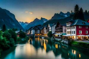 ein Fluss läuft durch ein Stadt, Dorf beim Sonnenuntergang. KI-generiert foto