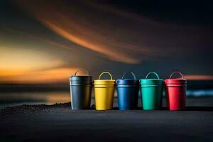 bunt Tassen auf das Strand beim Sonnenuntergang. KI-generiert foto