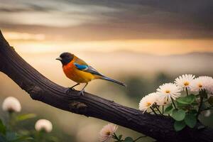 ein bunt Vogel sitzt auf ein Ast mit Blumen. KI-generiert foto