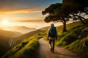 ein Mann mit ein Rucksack Spaziergänge Nieder ein Pfad im das Berge. KI-generiert foto