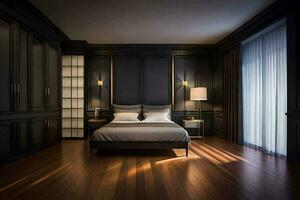 ein Schlafzimmer mit dunkel Holz Böden und schwarz Wände. KI-generiert foto