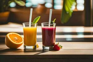 zwei Brille von Saft mit Strohhalme auf ein hölzern Tisch. KI-generiert foto