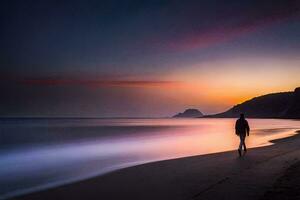 ein Person Gehen entlang das Strand beim Sonnenuntergang. KI-generiert foto