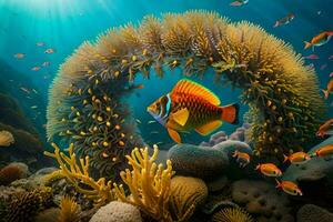 ein unter Wasser Szene mit ein Orange Fisch und Koralle. KI-generiert foto