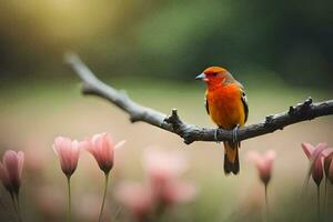 ein klein Orange Vogel sitzt auf ein Ast im ein Feld. KI-generiert foto