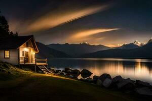 ein klein Kabine sitzt auf das Ufer von ein See beim Nacht. KI-generiert foto