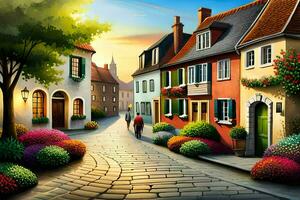 ein Gemälde von ein Straße mit bunt Häuser. KI-generiert foto