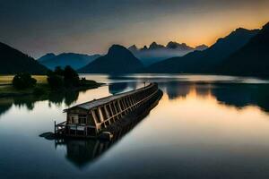 ein Boot sitzt auf das Wasser im Vorderseite von Berge. KI-generiert foto