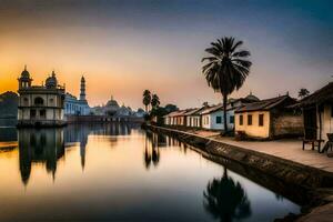 das Sonnenuntergang Über das Fluss im Vorderseite von ein Moschee. KI-generiert foto