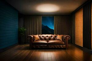 ein Leder Couch im ein dunkel Zimmer. KI-generiert foto