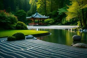 ein japanisch Garten mit ein Pagode und Felsen. KI-generiert foto