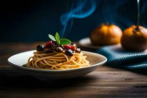 Spaghetti mit Oliven und Pilze im ein Schüssel. KI-generiert foto