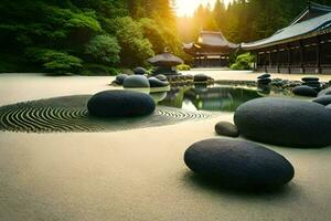 japanisch Garten mit Felsen und Wasser. KI-generiert foto