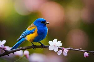 ein Blau und Gelb Vogel ist thront auf ein Ast mit Rosa Blumen. KI-generiert foto