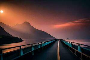 ein Brücke Über das Ozean mit ein Sonnenuntergang im das Hintergrund. KI-generiert foto
