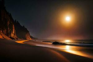das Mond ist leuchtenden hell Über das Ozean. KI-generiert foto
