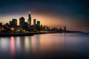 das Chicago Horizont beim Dämmerung. KI-generiert foto