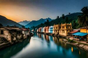 ein Fluss läuft durch ein Stadt, Dorf beim Sonnenuntergang. KI-generiert foto