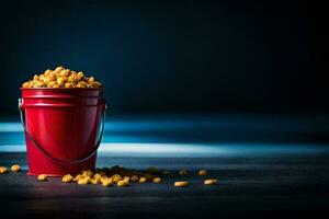 ein rot Eimer gefüllt mit Popcorn auf ein dunkel Tisch. KI-generiert foto