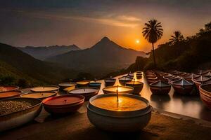 Sonnenuntergang Über das Berge und Boote im das Wasser. KI-generiert foto
