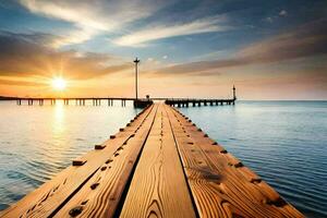 ein hölzern Seebrücke erstreckt sich aus in das Ozean beim Sonnenuntergang. KI-generiert foto