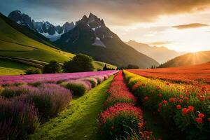 das Sonne steigt an Über ein Feld von Blumen und Berge. KI-generiert foto