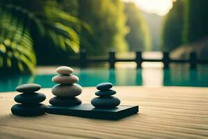 Zen Steine auf ein hölzern Tafel durch ein Schwimmbad. KI-generiert foto