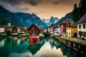 ein Fluss läuft durch ein Stadt, Dorf mit bunt Häuser. KI-generiert foto