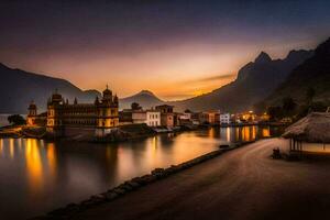 ein schön Sonnenuntergang Über ein See und ein Stadt. KI-generiert foto