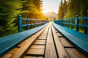 ein hölzern Brücke im das Mitte von ein Wald. KI-generiert foto