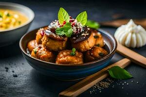 ein Schüssel von Essen mit Tofu und Soße auf ein Tisch. KI-generiert foto