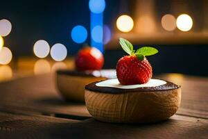 zwei klein Nachspeisen mit Erdbeeren auf oben. KI-generiert foto