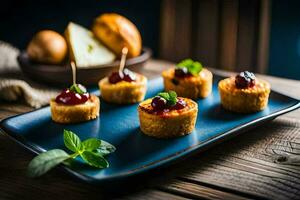 Mini Käsekuchen auf ein Blau Teller mit Kirschen. KI-generiert foto