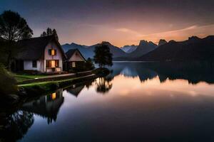 ein Haus sitzt auf das Ufer von ein See beim Sonnenuntergang. KI-generiert foto