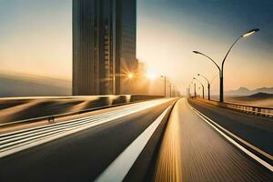 ein Autobahn mit Autos Fahren auf es beim Sonnenuntergang. KI-generiert foto