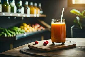 ein Glas von Orange Saft auf ein hölzern Tisch. KI-generiert foto