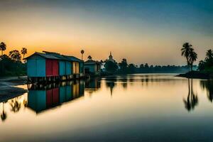 das Sonnenaufgang Über das Fluss im Myanmar. KI-generiert foto