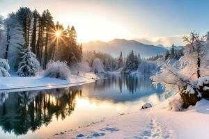 Foto Hintergrund das Himmel, Schnee, Bäume, Fluss, Sonne, Berge, Bäume, Fluss,. KI-generiert