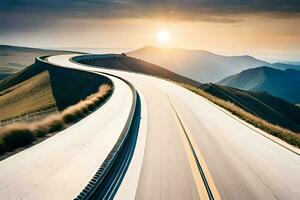 ein lange Straße mit das Sonne Rahmen hinter Es. KI-generiert foto