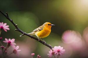 ein Gelb Vogel ist thront auf ein Ast mit Rosa Blumen. KI-generiert foto