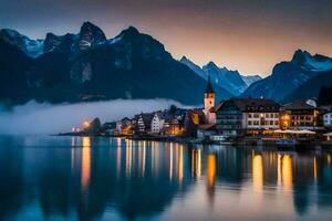 ein Stadt, Dorf auf das Ufer von ein See beim Dämmerung. KI-generiert foto